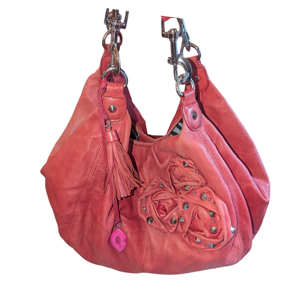 Rare Betsy Johnson Rose Studded Slouchy Hobo Bag In Pinkish Red, Silver Hardware